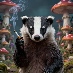 a centered chest up portrait of a psychedelic demonic anthropomorphic badger smoking a hand - rolled cigarette smoking heavily, magic mushroom village in background. award winning. superb resolution. in the art style of junji ito and greg rutkowski. detailed mushroom city in background. hyper realistic anime. perfect art. dalle 2
