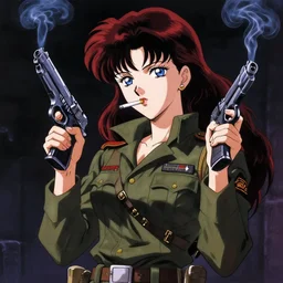 portrait of woman in military outfit holding two pistols and smoking a cigarette, dark red hair and blue eyes, 9 0 s style anime, style of perfect blue, style of madhouse anime manga, dark vibes, space western, cowboy bebop aesthetic