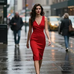 realistic photograph of a beautiful woman in a red dress walking down a rainy city street, highly detailed, noir,