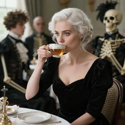 a beautiful woman with white hair wearing a black dress is sitting at a table drinking a cup of tea, skeleton guests dressed in victorian costumes, beautiful face, beautiful eyes, elegant, beautiful, natural light, trending on artstation, style artgerm, joshua middleton and alphonse mucha