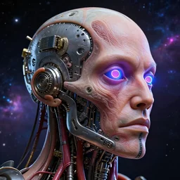 masterpiece 3D render profile face steampunk cyborg android, neon lenses for eyes, fractal, titanium skeleton, anatomical, flesh, facial muscles, wires, microchips, electronics, veins, arteries, full frame, highly detailed, flesh ornate, black light, octane render by Giger and Johanna Martine and Jeffrey Smith, background of outer space neon nebulas by Pilar Gogar