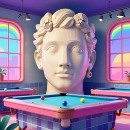 earl norem, giant head, vaporwave 8 0's tile pool room, giant head statue ruins, by beeple, rainbow, windows, 3 d rendering, fantasy lut, epic composition, sci - fi, surreal, angelic, roman marble statue, cinematic, 8 k, unreal engine, photorealistic, palm trees