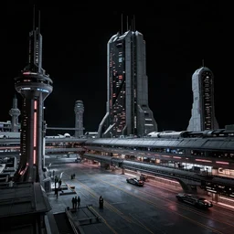 a scifi, high contrast minimalist scifi exterior rectilinear brutalist futuristic industrial spaceport airport platform in space, with neon lights, control towers, aircraft carrier towers, maschinen krieger, ilm, beeple, star citizen halo, mass effect, bladerunner, elysium, HDR lighting