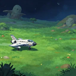 next to a small fighter spacecraft, on an alien grassland, from a space themed point and click 2 d graphic adventure game, set design inspired by marco bittner rosser, art inspired by thomas kinkade
