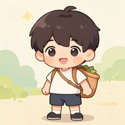 a cute anime style boy holding basket on his shoulder, full body ,chibi ,kawaii, hyperreal