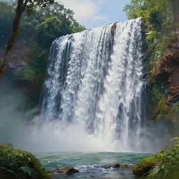 A beautiful tropical waterfall, Unreal engine, Oil on Canvas, Realism, 4k, Volumetric lighting, -step 50