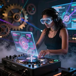 an indian woman wearing goggles and visor and headphones using a retro record player contraption, hologram, turntablism dj scratching, screens, smoky atmosphere, intricate planetary gears, cinematic, imax, sharp focus, leds, bokeh, iridescent, black light, fog machine, hazy, lasers, hyper color digital art