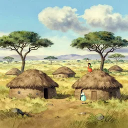 wholesome animation key shot, mud huts in the african savannah, studio ghibli, pixar and disney animation, sharp, disney concept art watercolor illustration by mandy jurgens and alphonse mucha and alena aenami, pastel color palette, dramatic lighting