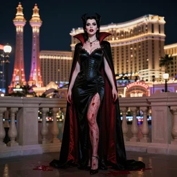 full body portrait, vampire queen, blood, background of las vegas at night, highly detailed, CGsociety, subtle, concept art, HDR, hyper realistic, volumetric lighting, subsurface scattering, unreal