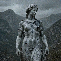 greek statue dripping black iridescent liquid by alex grey, mountains in background, geometric vines, moody, dramatic, introspective, 8 k, octane render, photorealistic, hyper detailed, perfect lighting