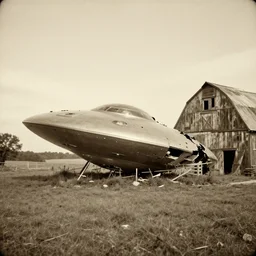 a crashed ufo in a barn, old photo, vintage photo, grainy, sepia
