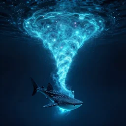 A bioluminescent whale shark jumping out of a glowing tornado, lovecraft, coherent, symmetrical, intricate, high detail, digital painting, fantasy painting, visionary art, octane render, 4k, trending on artstation
