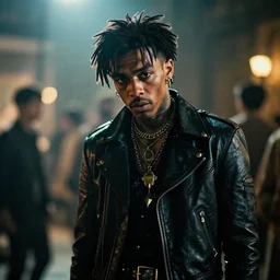 lil uzi vert in jojos bizarre adventure as risotto nero movie still, cinematic lighting, ray tracing, octane render, long lens, shallow depth of field, bokeh, anamorphic lens flare, 8 k, hyper detailed, 3 5 mm film grain