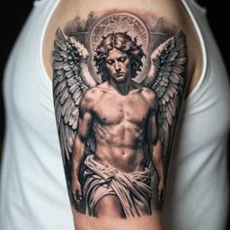 a photorealistic tattoo of ryan dunn as an angel