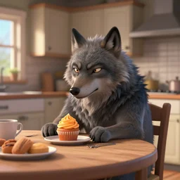 cute handsome cuddly burly surly relaxed calm timid werewolf from van helsing sitting down at the breakfast table in the kitchen of a normal suburban home staring longingly at a delicious cupcake with orange frosting unreal engine hyperreallistic render 8k character concept art masterpiece screenshot from the video game the Elder Scrolls V: Skyrim