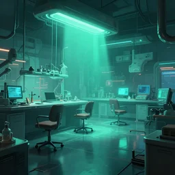 concept art of cyberpunk 2 0 7 7 laboratory environment, few chairs, neon, by marta leydy, highly detailed, 8 k, hdr, studio, matte painting, digital illustration, artstation, turquoise - green soft glowing volumetric light