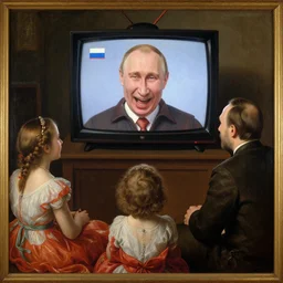 a renaissance painting of family watching russian tv channel with putins face and laughhing