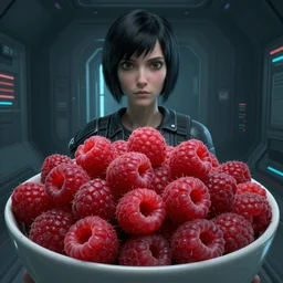portal 1 glados staring blankly at a large bowl of raspberries