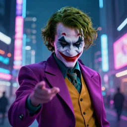 futuristic joker in tokyo, neon lights, cyberpunk, magic, intricate, sharp focus, lens flare, bloom, rim light. full body front view. concept art by ruan jia