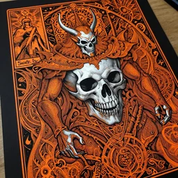 detailed mighty skull god, by hokusai and james gurney + black paper with intricate and vibrant orange line work + tarot card + mandelbulb fractal + full of silver layers + portrait + trending on artstation + incredible orange and black gothic illustration + exquisite detail