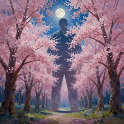 a beautiful painting of a giant in a cherry blossom forest, volumetric lighting, moonlit by greg rutkowski and kalin popov, trending on artstation, masterpiece,