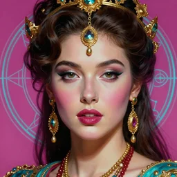 hyper realistic portrait painting of pinup girl with intrincate detail, golden ornaments, and detailes face by godward, gustav moreau, saturno butto, boris vallejo, austin osman spare and david kassan, by bussiere. in romantic style, occult art, occult diagram, magenta and cyan color scheme.