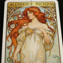 redhead woman, rococo and art nouveau fusion, tarot card, highly detailed, deep focus, elegant, smooth, sharp focus, illustration, ultra realistic, 8 k, art by artgerm, alphonse mucha, maxfield parrish, james jean, yoji shinkawa, gaston bussiere, janis rozentals