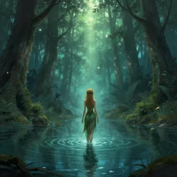 forest nymph rising from the water. fantasy rpg concept art. view from behind, wide angle view, back view. nuri iyem, james gurney, james jean, greg rutkowski, anato finnstark. trending on artstation, starlight, and enchanted dreams