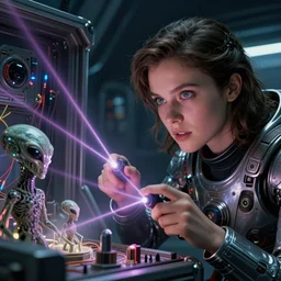 beauty young space woman using lasers to interact with alien artifacts and technology, electrical case display, portrait, inquisitive, striking eyes, 80s Aliens tech, ultrarealistic, dramatic lighting, electrical details, high details, 4k, 8k, best, accurate, trending on artstation, artstation, photorealism, ultrarealistic, digital painting, style of Peter Mohrbacher and Boris Vallejo and Wayne barlowe