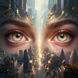 highly detailed vanishing point of the eyes, favorite city, unreal engine, chrome reflect, greg rutkowski's fantasy art, global lighting, shining light, detailed and complex environment