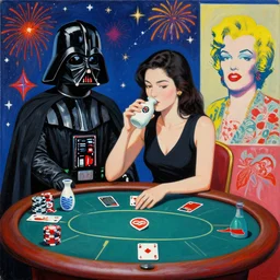 single woman drinking sake, sitting at an extremely detailed poker table with the detailed darth vader, sake on the table, fireworks and stars on the background, canvas, acrylic paint, by roy liechtestein, by andy warhol, traditional chinese art, isometric, pop art, 4 k, ultra - hd