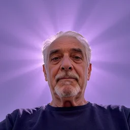 selfie photo of an old man being in purple god rays.