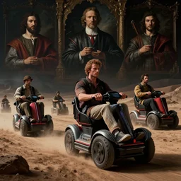 ribbed madmax movie still, people driving segways in the desolate wastelands, dramatic dark atmosphere, baroque painting, dream - like heavy dark atmosphere, detailed octane render trending on artstation, 8 k artistic photography, volumetric cinematic perfect light, chiaroscuro, masterpiece, raphael, caravaggio, beksinski, beeple