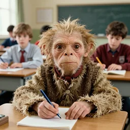A long-shot , color school photograph portrait of Gollum in the class room , summer, day lighting, 1990 photo from photograph Magazine.