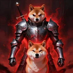 berserk anime skull knight armor and sword, angry anthropomorphic shiba inu, blood aura red light, fantasy, dark, portrait art by donato giancola and greg rutkowski, realistic face, digital art, trending on artstation, symmetry