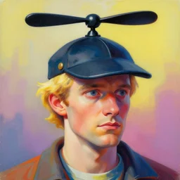 colorful painting of a man with a propeller hat and blonde hair, matte painting, trending on art station, ultra - detailed, hq