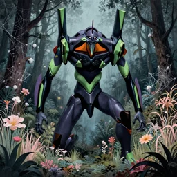 grainy risograph matte painting, gigantic huge evangelion - like mecha, black, a lot of exotic vegetation, trees, flowers, tall grass, pastel matte colors, staying in the foggy huge dark night forest covered with web and cotton and a lot of glow - worms, by moebius, chesley bonestell and tim white, hyperrealism, omnious, intricate detailed