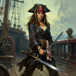 a pirate lady wearing long dark clothes holding dual swords with her hands in a ship deck, digital painting, mixed media, trending on artstation and deviantart, epic composition, highly detailed, 8 k