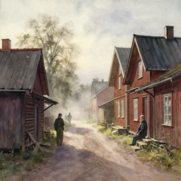 watercolor painting of rustic village street at finland helsinki, ambient lighting and shadows, fog, art by hans dahl, by jesper ejsing, art by anders zorn, wonderful masterpiece by greg rutkowski, cinematic light, american romanticism by greg manchess, creation by tyler edlin