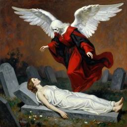 aesthetically pleasing image of the whitewinged angel of death wearing a crimson and black robe descending on the innocent in their graves cindy sherman eric ravilious oil painting