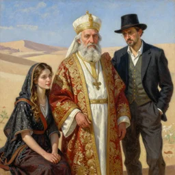 beautiful oil painting with high detail of a gorgeous and elderly orthodox patriarch in the desert agains a young woman by artgerm and greg rutkowski and thomas kinkade