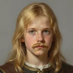 portrait of a 3 5 - year - old human male with long blonde hair and a mustache, green eyes, medieval setting, detailed face, highly detailed, digital painting, artstation, concept art, sharp focus, illustration, in the style of classicism