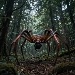 a giant spider monster in a dark forest, super realistic, photo realistic, 8k, made by Guillermo del Toro
