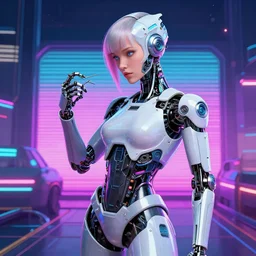 butch cyborg woman repairs herself, cyberpunk art by james gilleard, cgsociety, retrofuturism, synthwave, retrowave, outrun