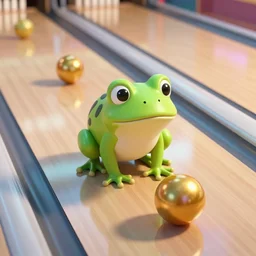 ground level birds - eye - view shot of a cute frog bowling on a reflecting glass floor with golden metal balls, concept art, by esao andrews, by m. w. kaluta, by pixar, volumetric light, rich colors, very humorous!!!, realistic reflections, smooth, depth perception, shallow depth of field, 4 k, unreal engine 5, artstation