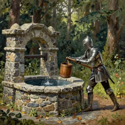 a knight pulling a wooden pail out of a well!! built of stone, stonemasonry, in a forest, highly detailed, oil painting, masterpiece, nature, fantasy illustration, romanticism, award winning,
