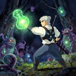the witcher fighting bioluminescent monsters in a ghibli cartoon, by larry elmore and brian froud,