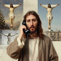 jesus christ!, talking on old phone!!, a stock photo by andrei rublev, behance, remodernism, behance hd, stockphoto, photocollage