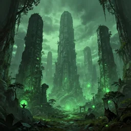 beautiful lovecraftian city with huge monoliths, trees, green ambient light, dusk, trending artstation