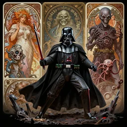 side shot of platonic ideal star wars, malignant dieselpunk and god complex dementor wild hunt chtulu nazgul mandelbulb fantasy, ego death, detailed, darth vader, action pose!!, intricate, volumetric lighting, hyperrealism, intense, scary, decay, artgerm, davinci, ralph mcquarrie, alphonse mucha, empire symbol,